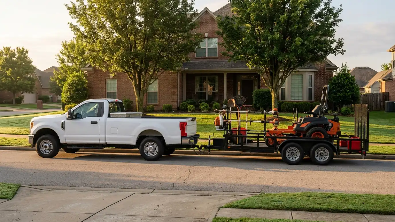About Music City Landscaper A white work truck towing a trailer with a zero-turn mower and landscaping tools parked in front of a brick home in warm morning light