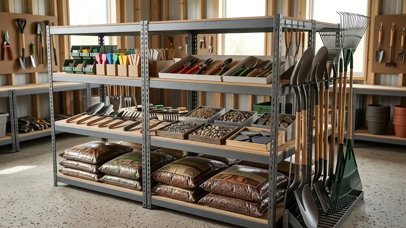 A tidy shop shelf with hand pruners, shovels, rakes, bags of mulch, plant tags and sample stones in a clean landscaping workshop