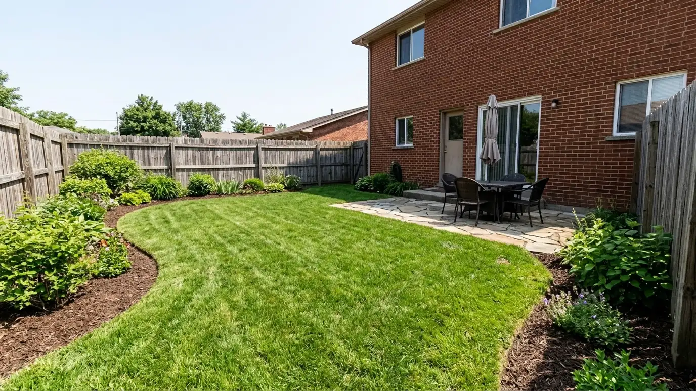 After: Plain backyard turned into an outdoor room | Music City Landscaper After: a backyard with a stone patio with seating, curved garden beds, a green lawn and shrubs along the fence