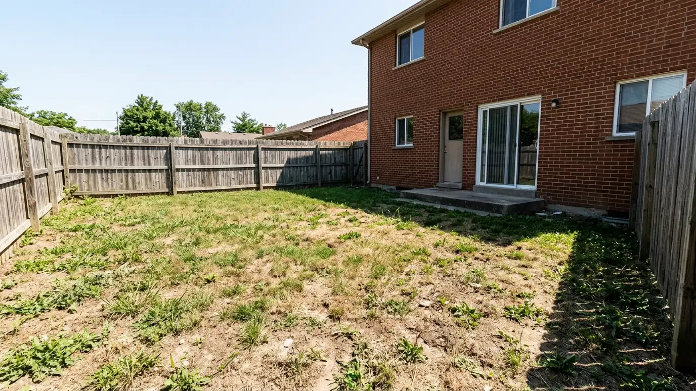 Before: a backyard with a plain backyard with a patchy lawn and a wooden fence