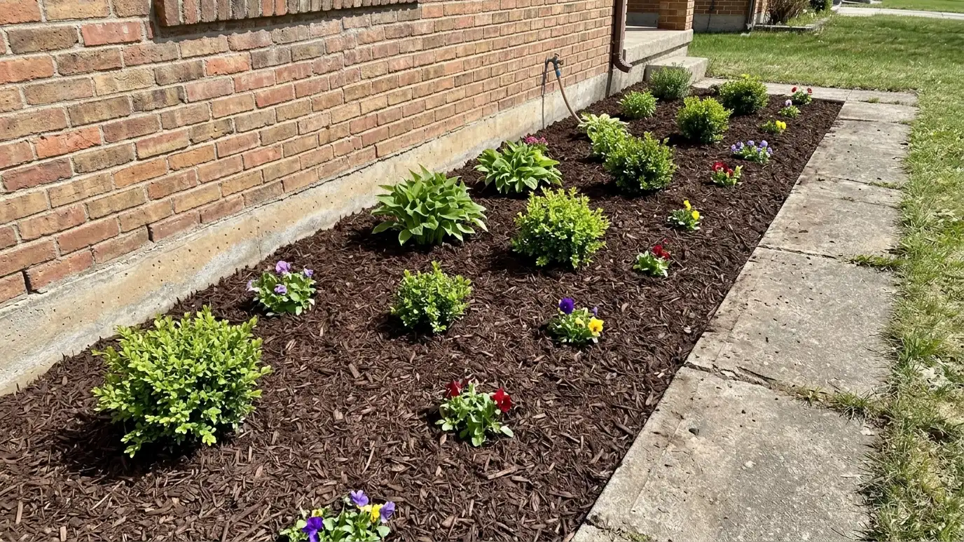 After: Weedy bed replanted and mulched | Music City Landscaper After: a flower bed with healthy shrubs and flowers under dark brown mulch with a crisp edge