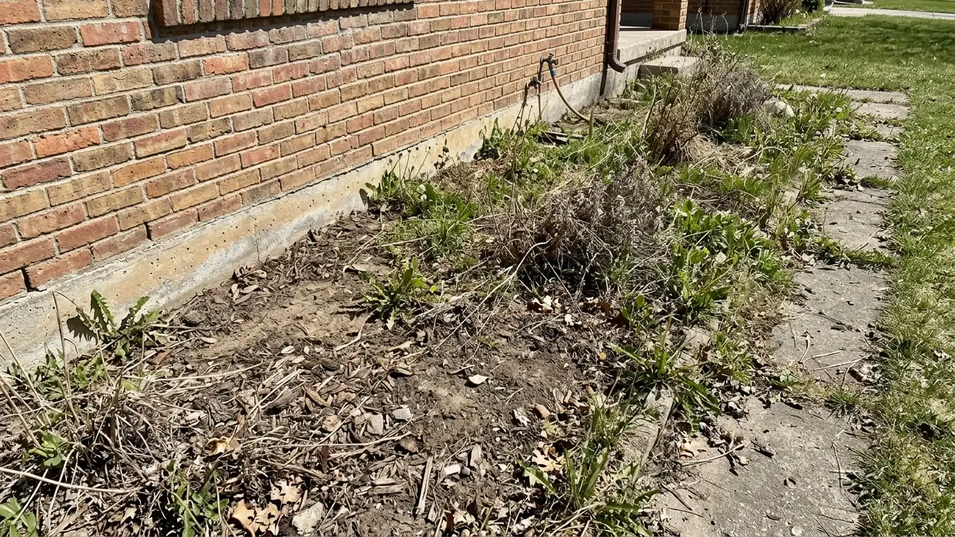 Before: a flower bed with a weedy, empty bed with bare soil and a few dead plants