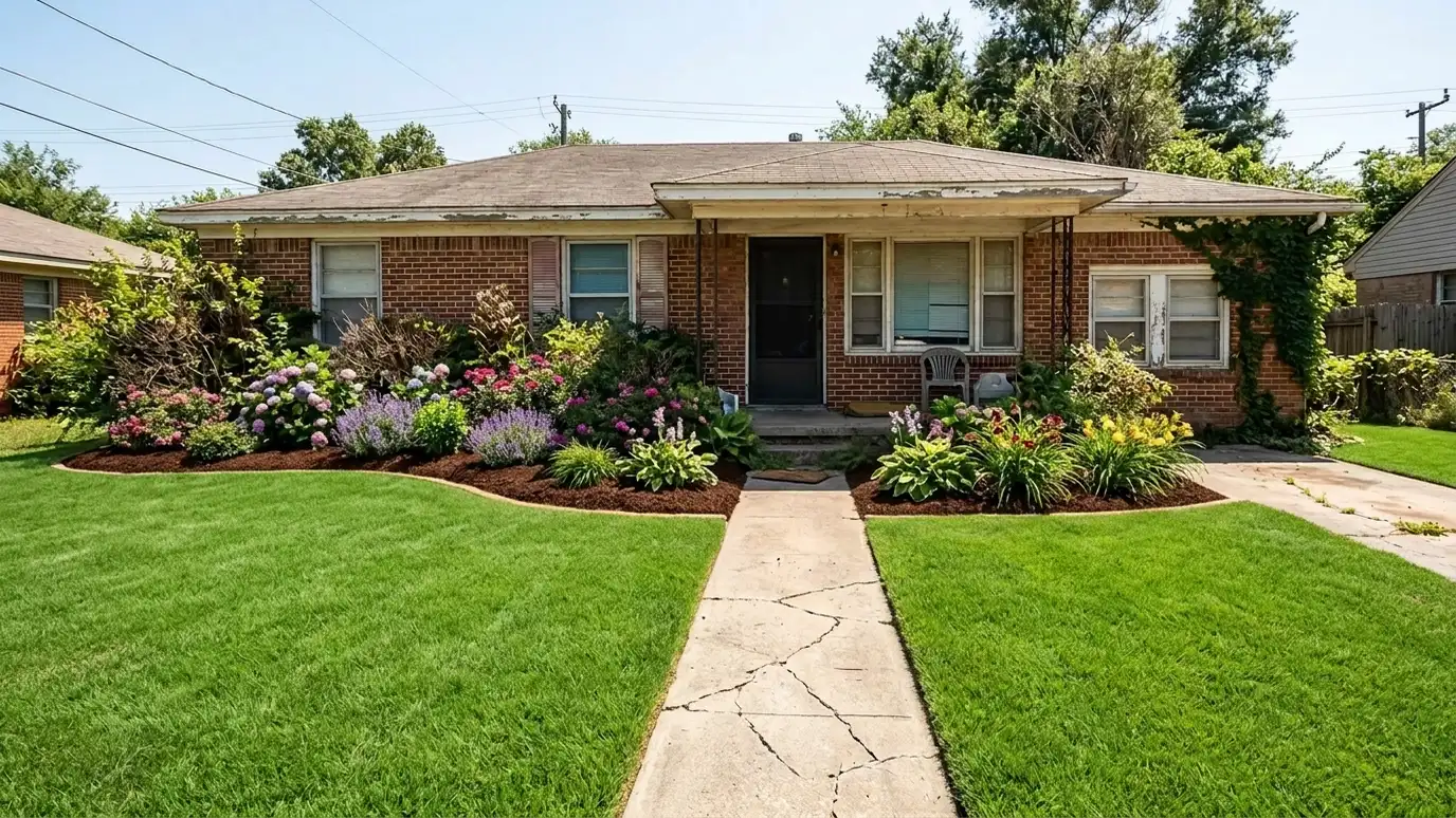 After: Bare front yard turned into curb appeal | Music City Landscaper After: a front yard with layered flowering shrubs, fresh mulched beds, a thick green lawn and a neat curved edge