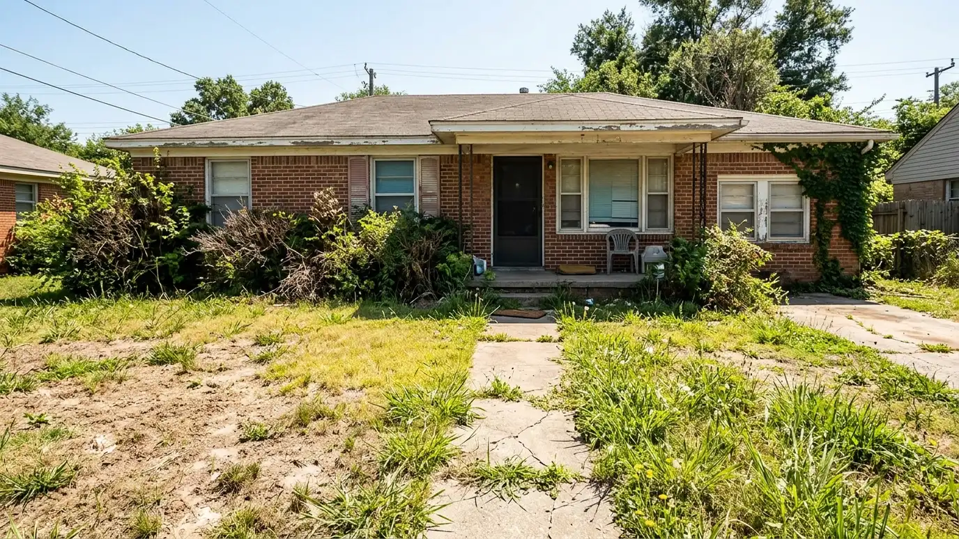 Before: a front yard with a bare, weedy front yard with overgrown shrubs and a patchy lawn