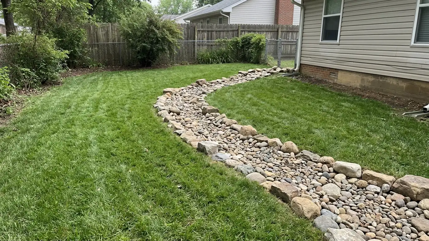 After: Soggy yard dried out with a dry creek bed | Music City Landscaper After: a wet yard with a dry, green yard with a stone-lined dry creek bed channel