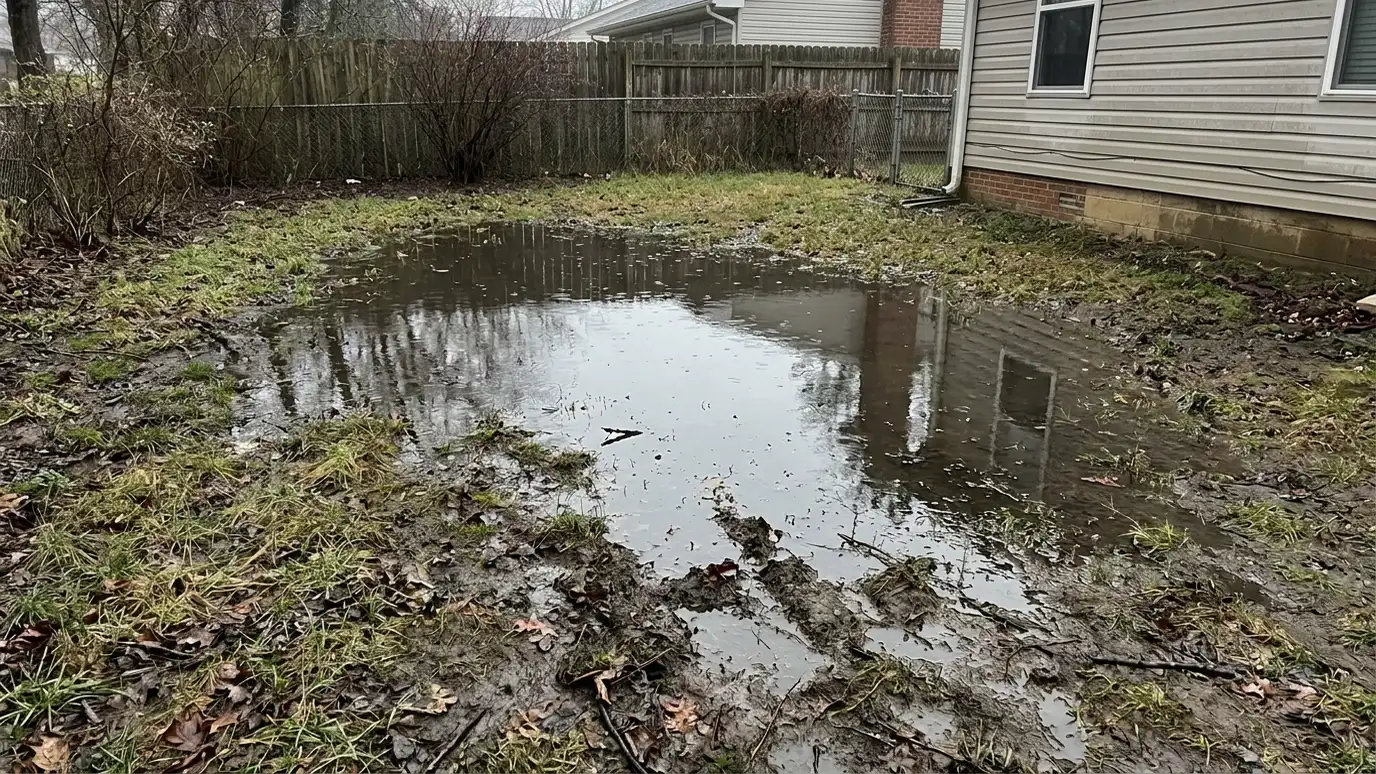 Before: a wet yard with a soggy yard with standing water and muddy grass
