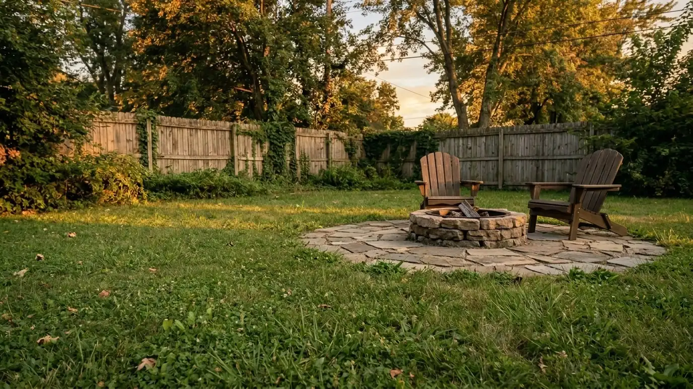 After: Plain grass turned into a fire pit retreat | Music City Landscaper After: the back of a yard with a round stone fire pit on a small paver patio with two Adirondack chairs
