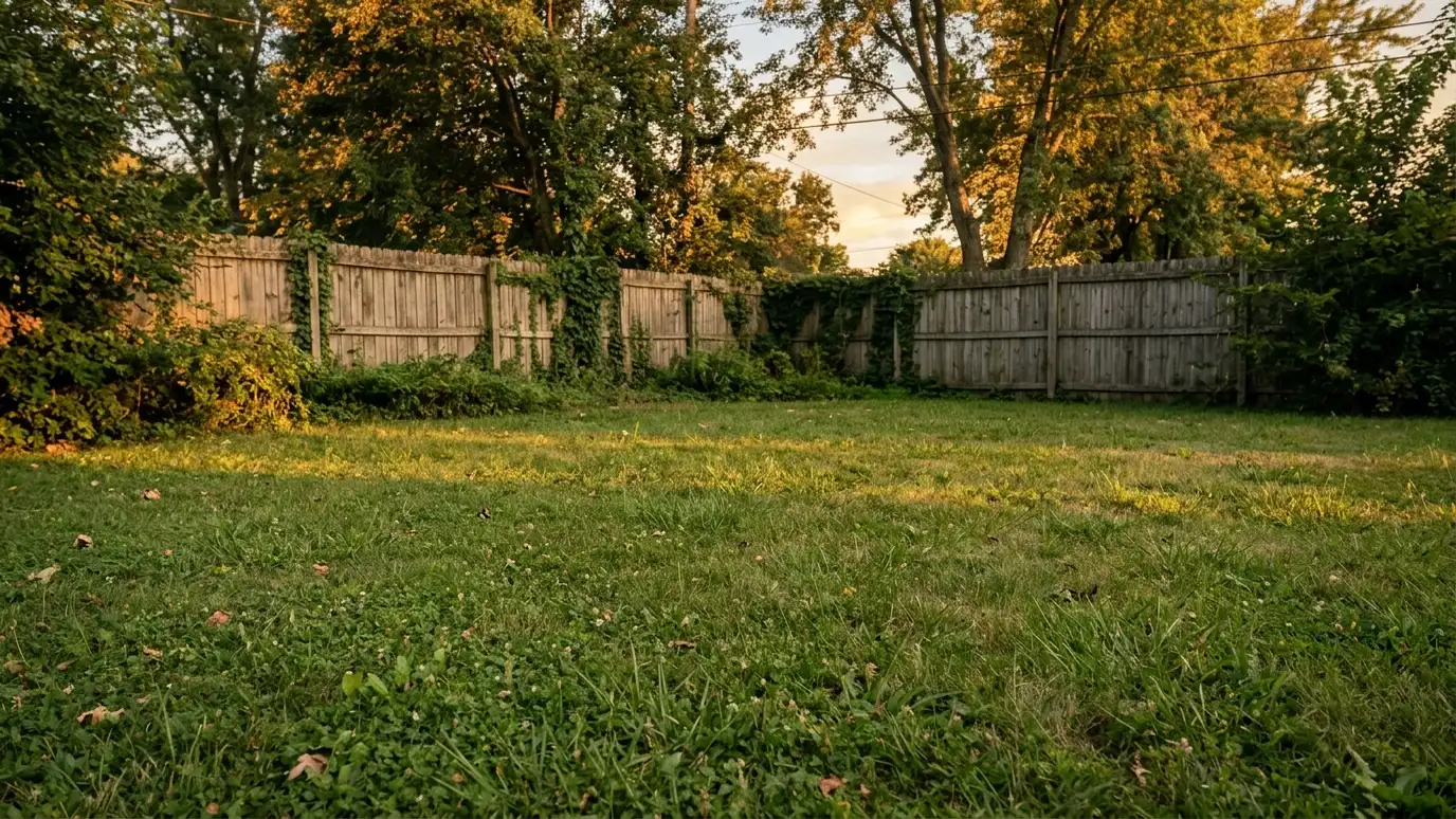 Before: the back of a yard with a plain patch of grass with a fence and some trees