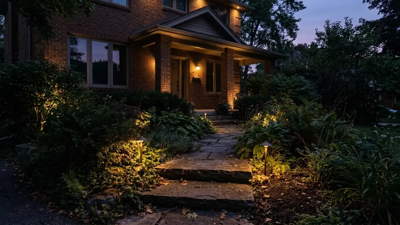 After: Dark walkway lit for the evening | Music City Landscaper After: a front walkway at dusk with warm low path lights along the walkway and soft uplights on the shrubs and the house