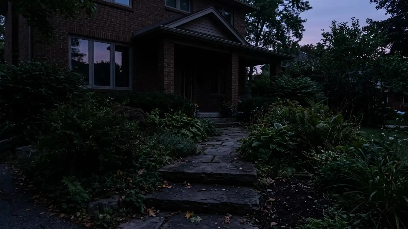 Before: a front walkway at dusk with a dark walkway and garden beds with no lights