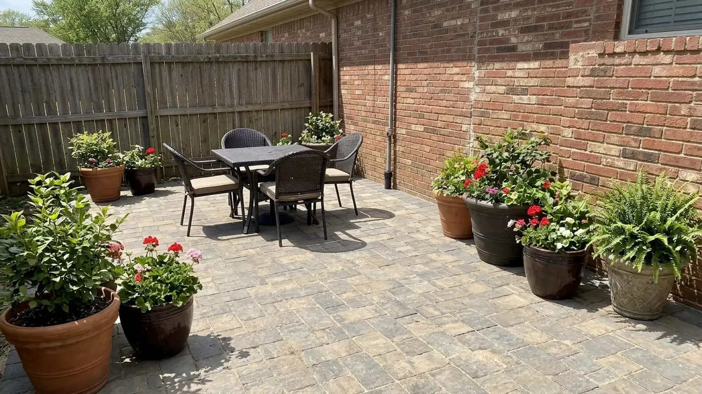 After: Empty corner turned into a paver patio | Music City Landscaper After: a backyard corner with a new paver patio with a table, chairs and planters