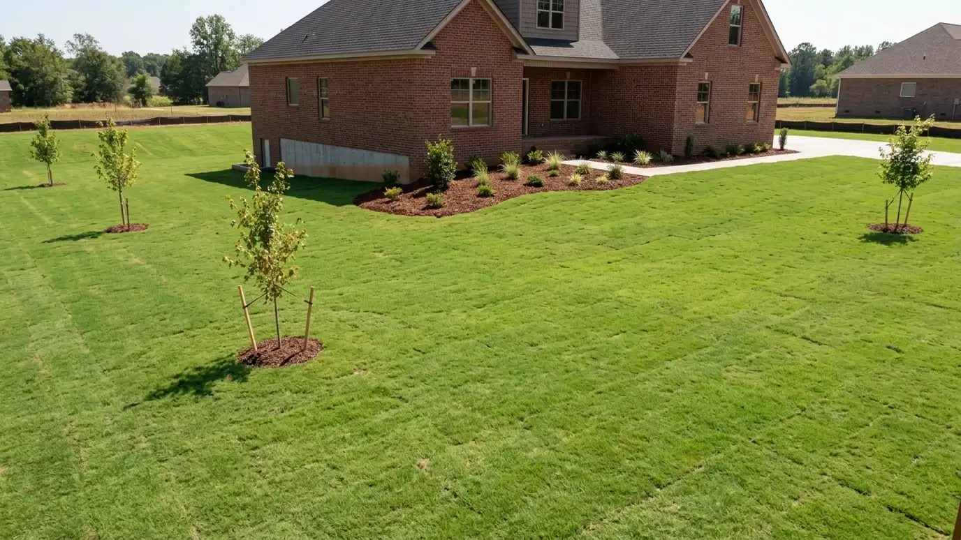 After: Bare red clay yard covered in new sod | Music City Landscaper After: a new-construction yard with fresh green sod, small young trees and a mulched bed