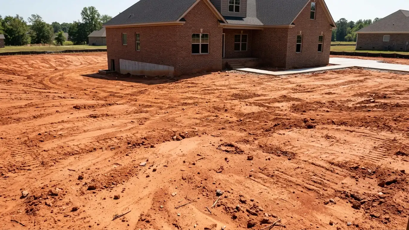 Before: a new-construction yard with a freshly graded bare red clay yard with no grass