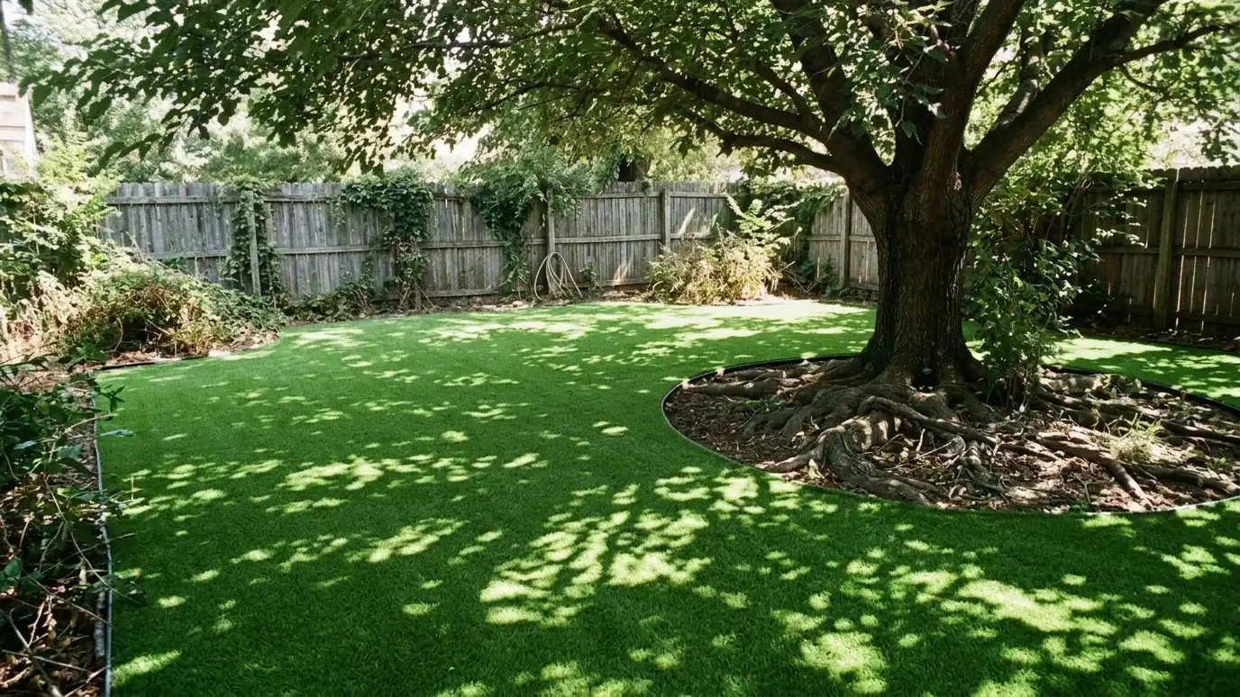 After: Shady dirt patch turned into green turf | Music City Landscaper After: a shady backyard with a lush green artificial turf lawn with a neat border