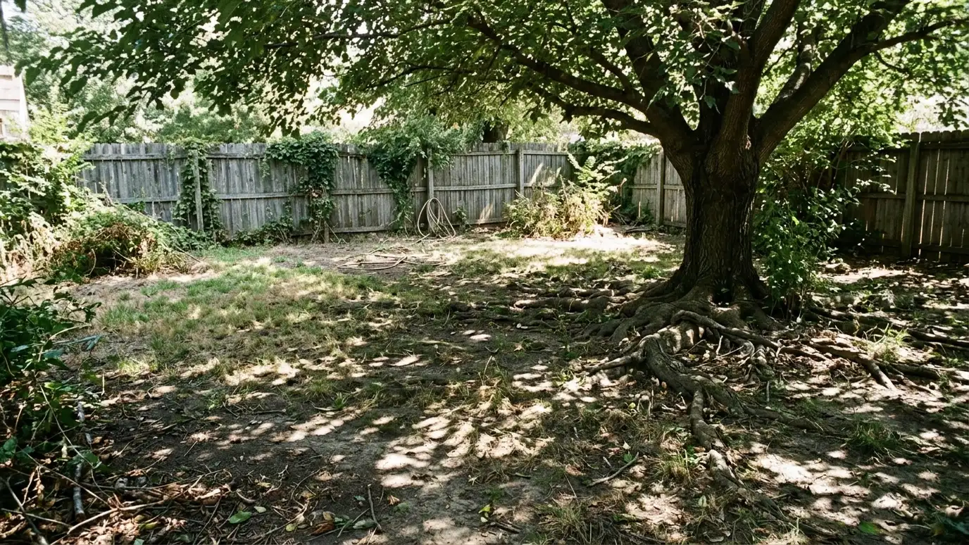 Before: a shady backyard with a shady backyard with thin grass, bare dirt and roots