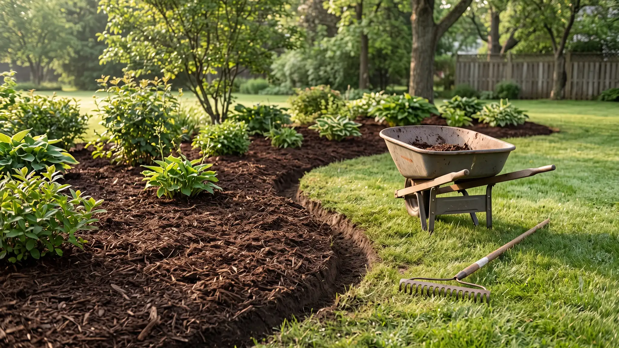 Freshly mulched dark brown garden beds with crisp spade-cut edges beside a mown lawn, with a wheelbarrow and a rake resting nearby