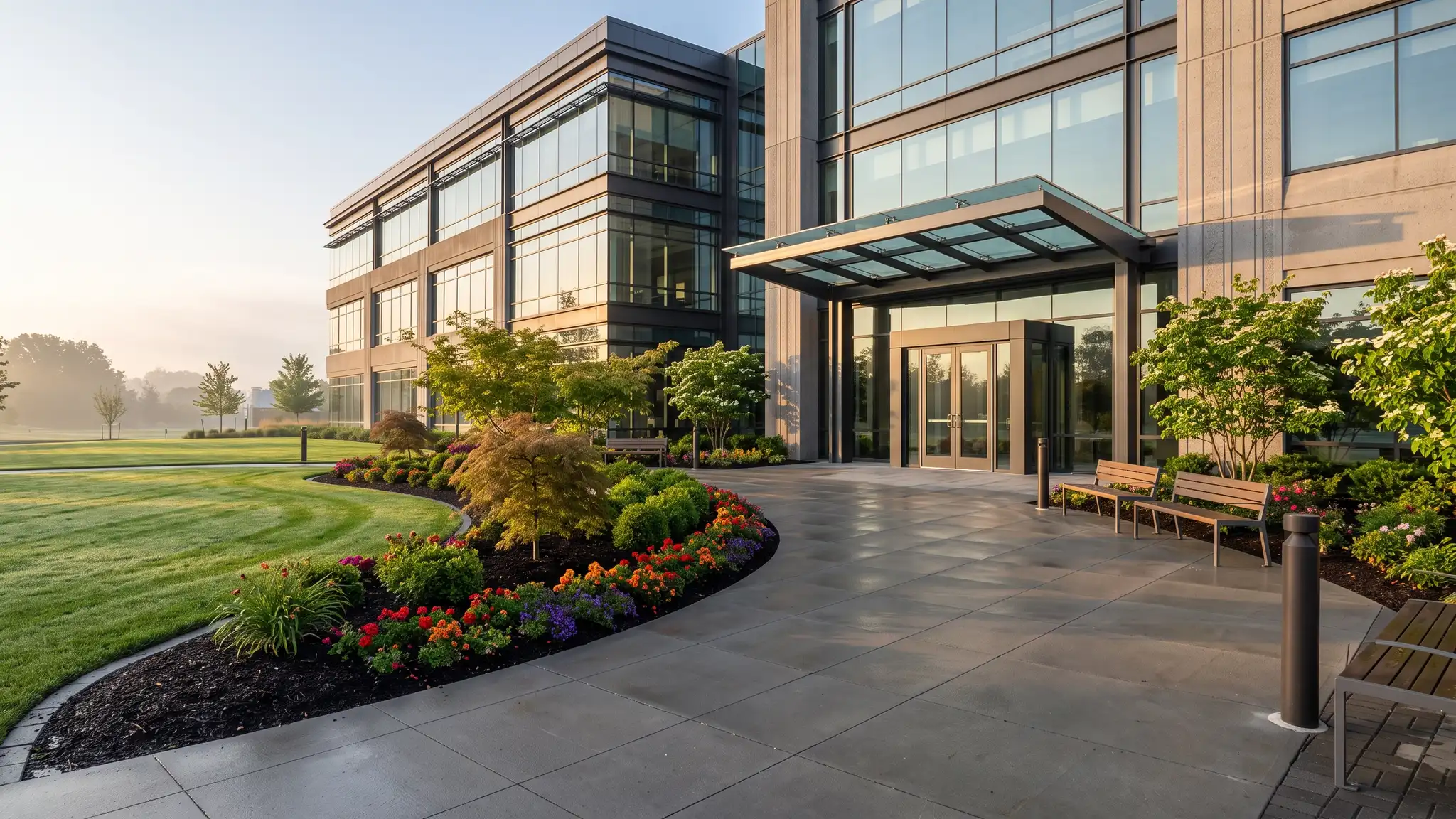 Commercial sites | Music City Landscaper A modern commercial office building entrance with a crisp lawn, tidy mulched beds, ornamental trees and seasonal flowers in the early morning