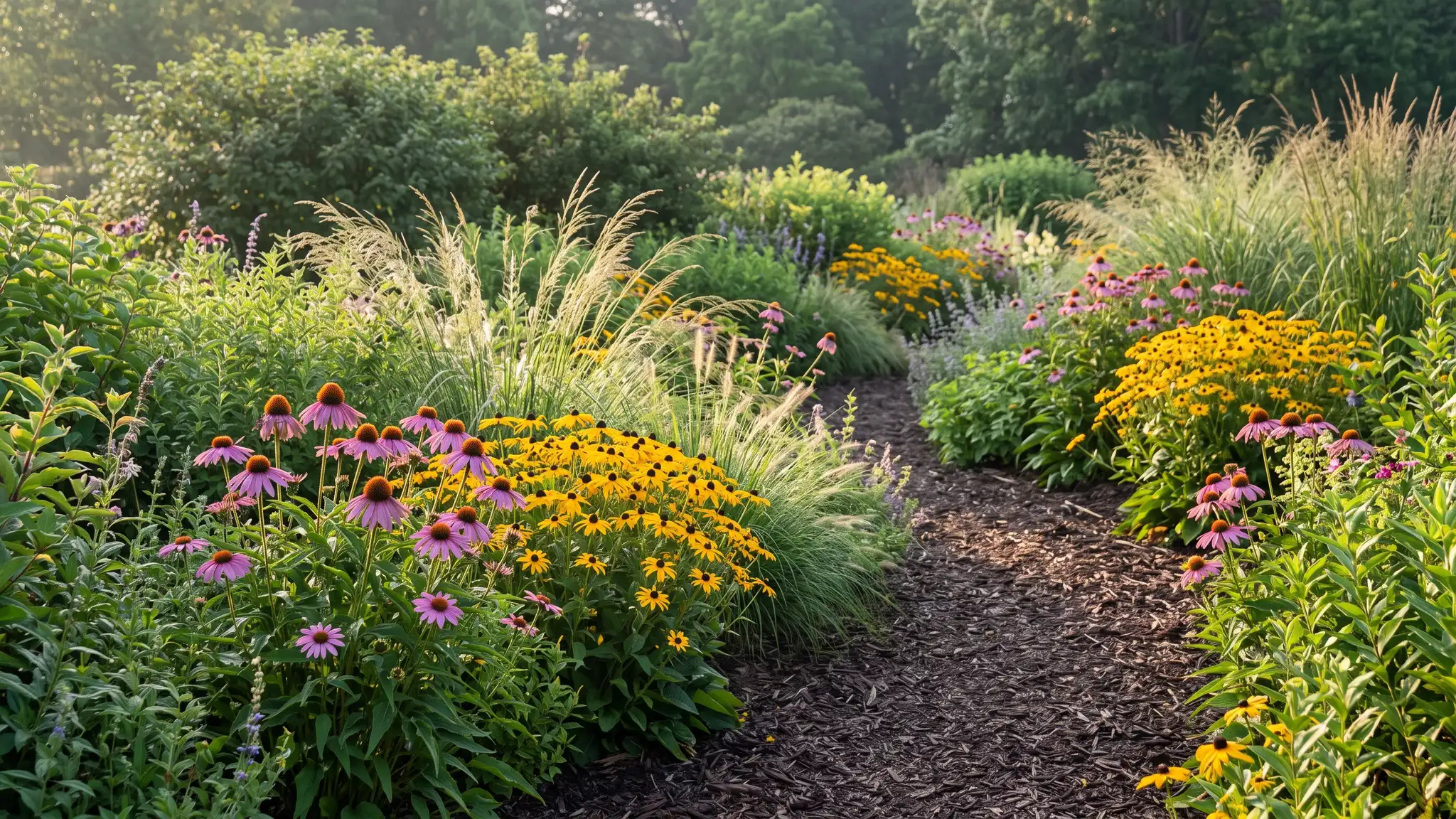 A lush perennial flower garden in full bloom with purple coneflowers, black-eyed Susans and ornamental grasses beside a curving mulched path