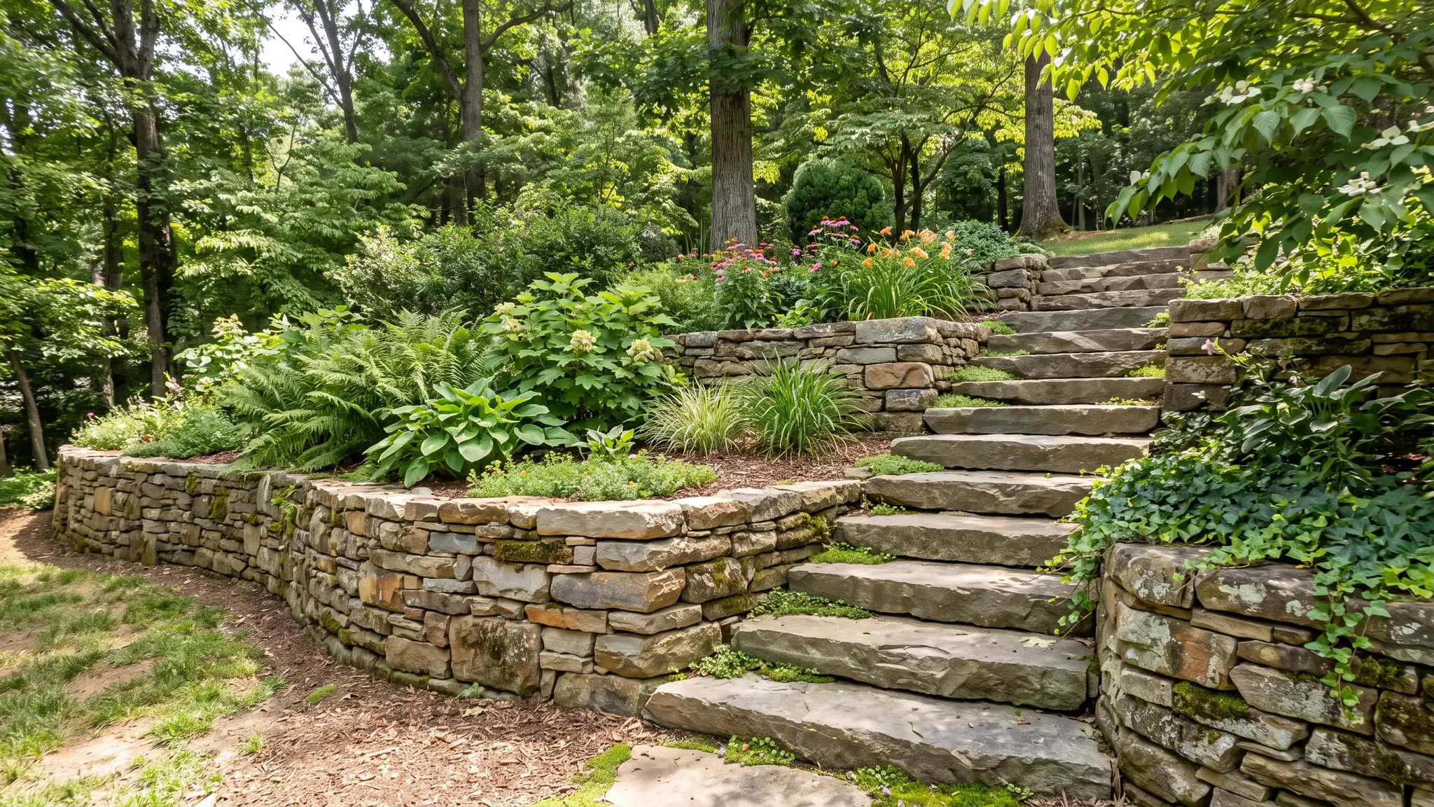 Walls and steps | Music City Landscaper A stacked natural stone retaining wall with wide stone steps and layered planting on a sloped Tennessee yard in bright daylight