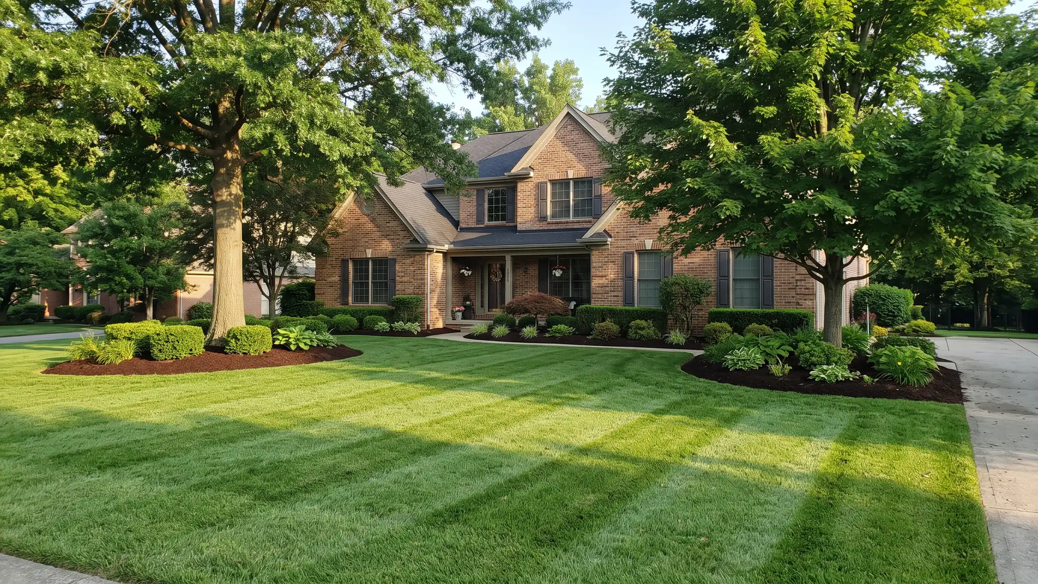 Lawn care | Music City Landscaper A thick, perfectly green striped lawn in front of a brick home with neat mulched beds and mature shade trees in bright morning light