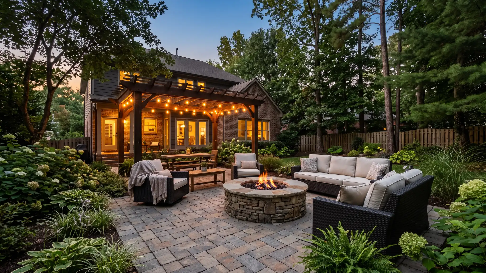 Patios and outdoor living | Music City Landscaper A paver patio with a built-in stone fire pit, outdoor seating, a pergola and string lights glowing at dusk behind a Tennessee home, surrounded by lush planting