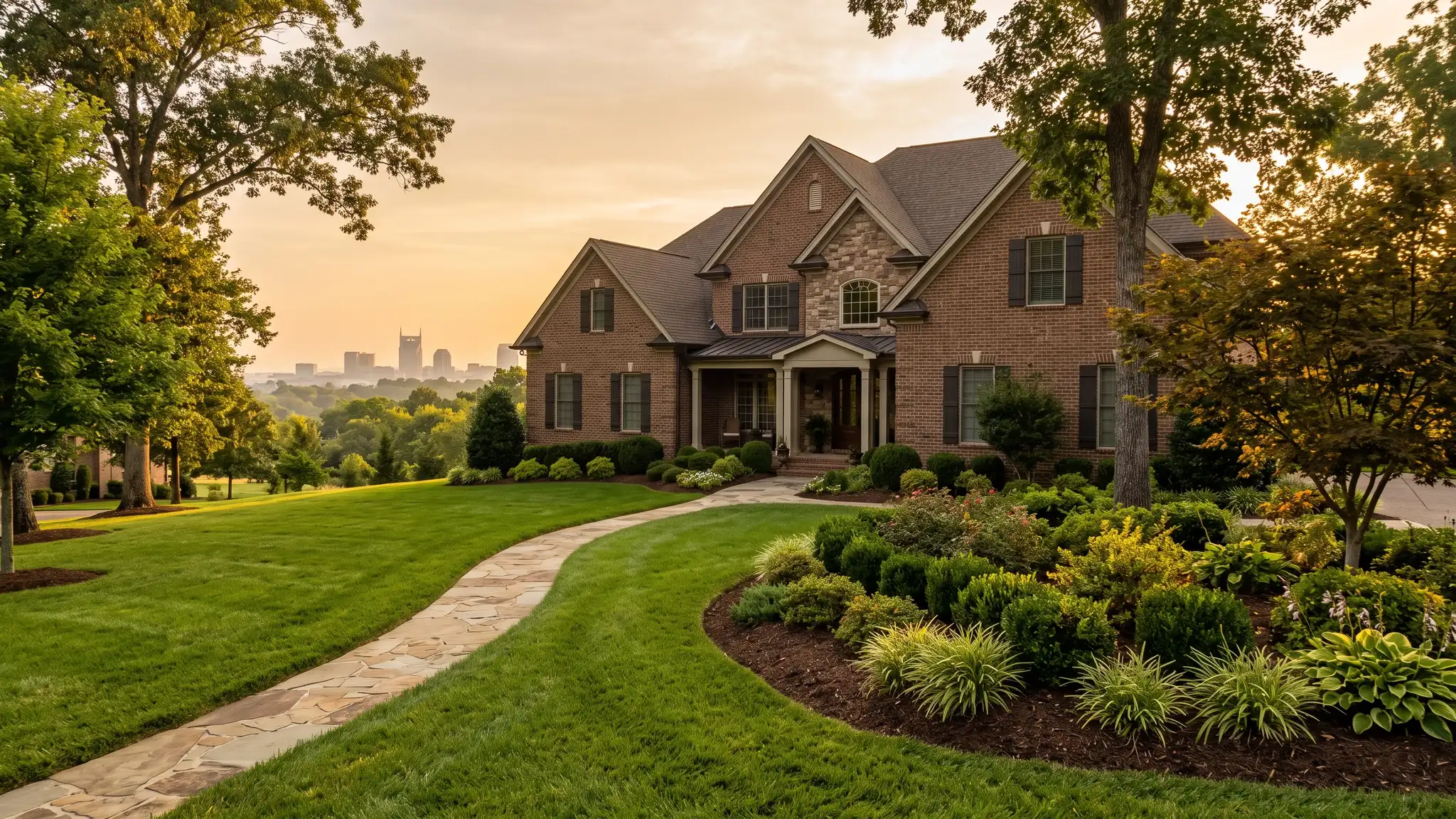 Music City Landscaper | Landscaping, lawn care and outdoor living in Nashville, TN A Tennessee brick home with lush layered landscaping, a thick green lawn, mulched flower beds and a curving walkway at golden hour, with the Nashville skyline softly in the distance