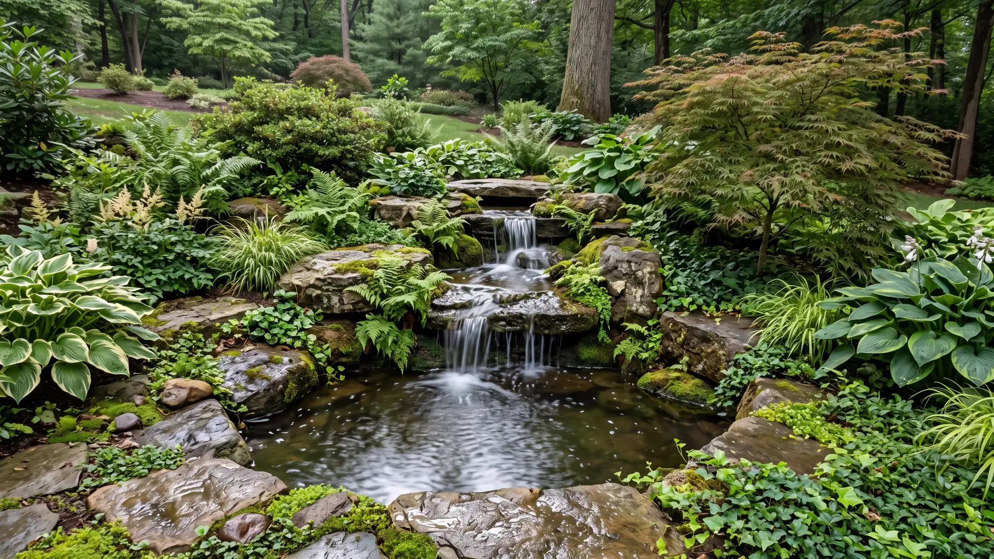Water features | Music City Landscaper A natural stone waterfall and small pond surrounded by ferns, hostas and boulders in a landscaped backyard