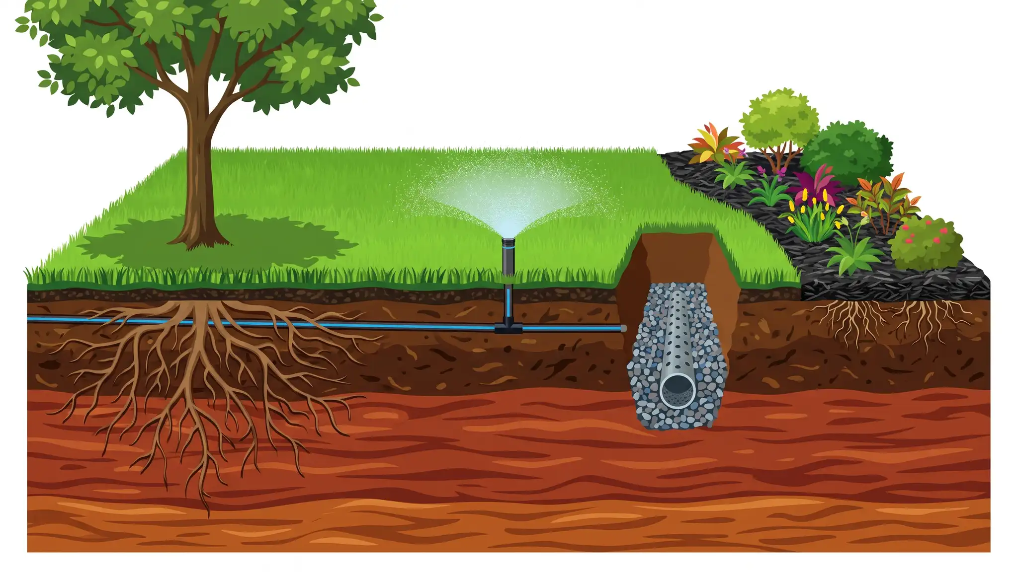 A cutaway illustration of a landscaped yard showing the layers below the surface: grass and sod, topsoil, compacted clay subsoil, a French drain pipe in gravel, an irrigation pipe with a sprinkler head, tree roots and a mulched flower bed