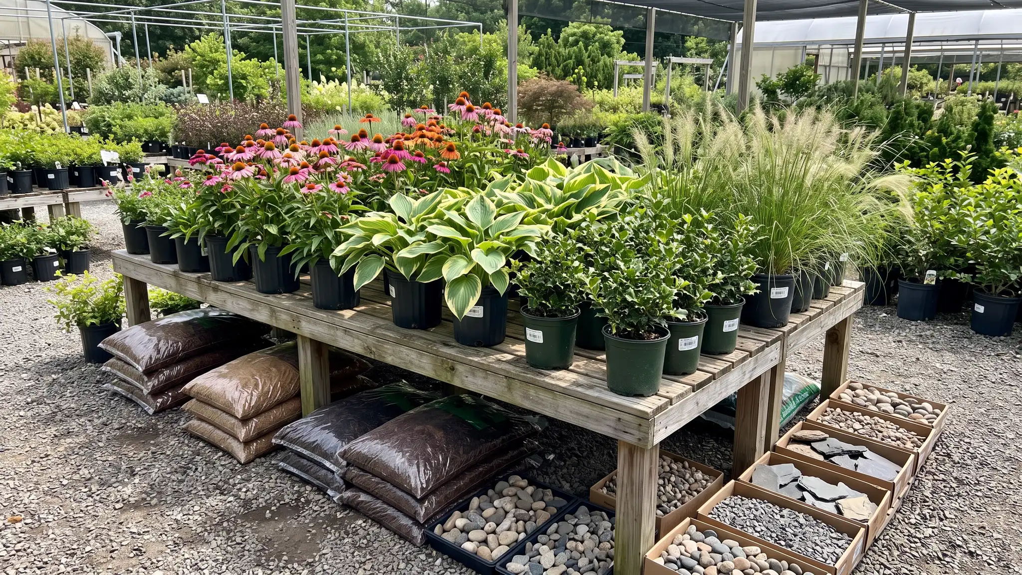 Landscaping ideas and plant guides | Music City Landscaper A garden nursery bench with pots of coneflowers, hostas, hollies and ornamental grasses, bags of mulch and stone samples