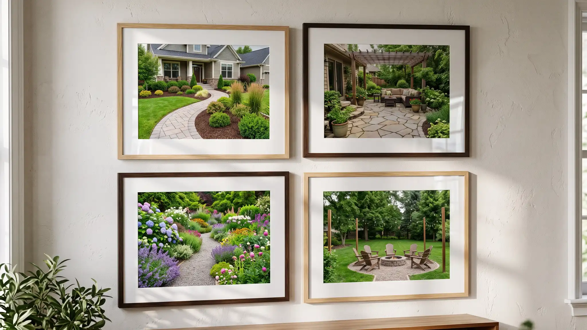Landscaping gallery | Music City Landscaper A spread of four framed photographs on a wall showing finished landscaping projects: a front yard, a stone patio, a flower garden and a backyard with a fire pit
