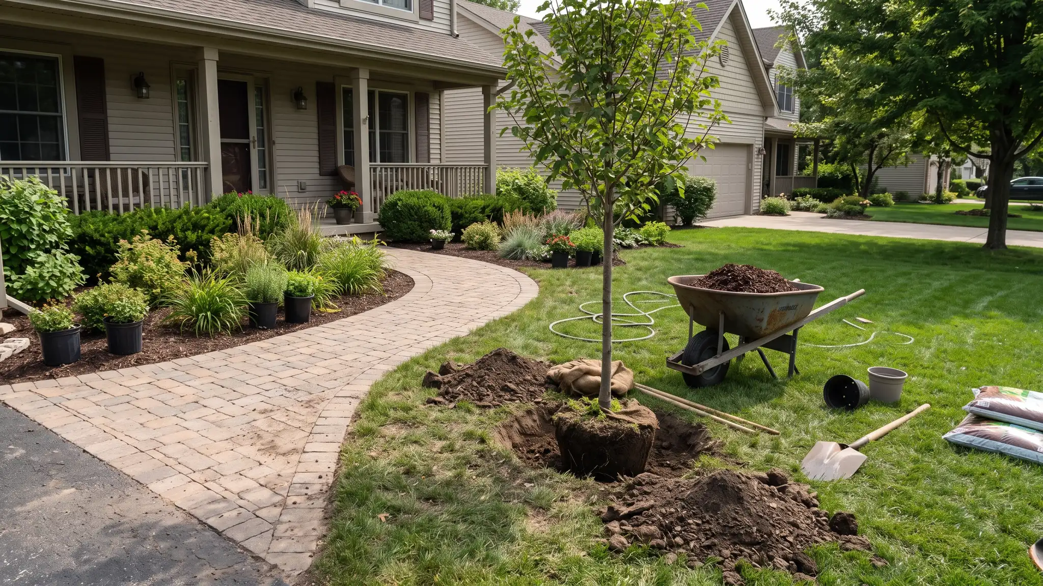 Landscaping services | Music City Landscaper A freshly landscaped front yard with a new paver walkway, layered planting and a tree being planted, a wheelbarrow of mulch and a shovel resting on the lawn