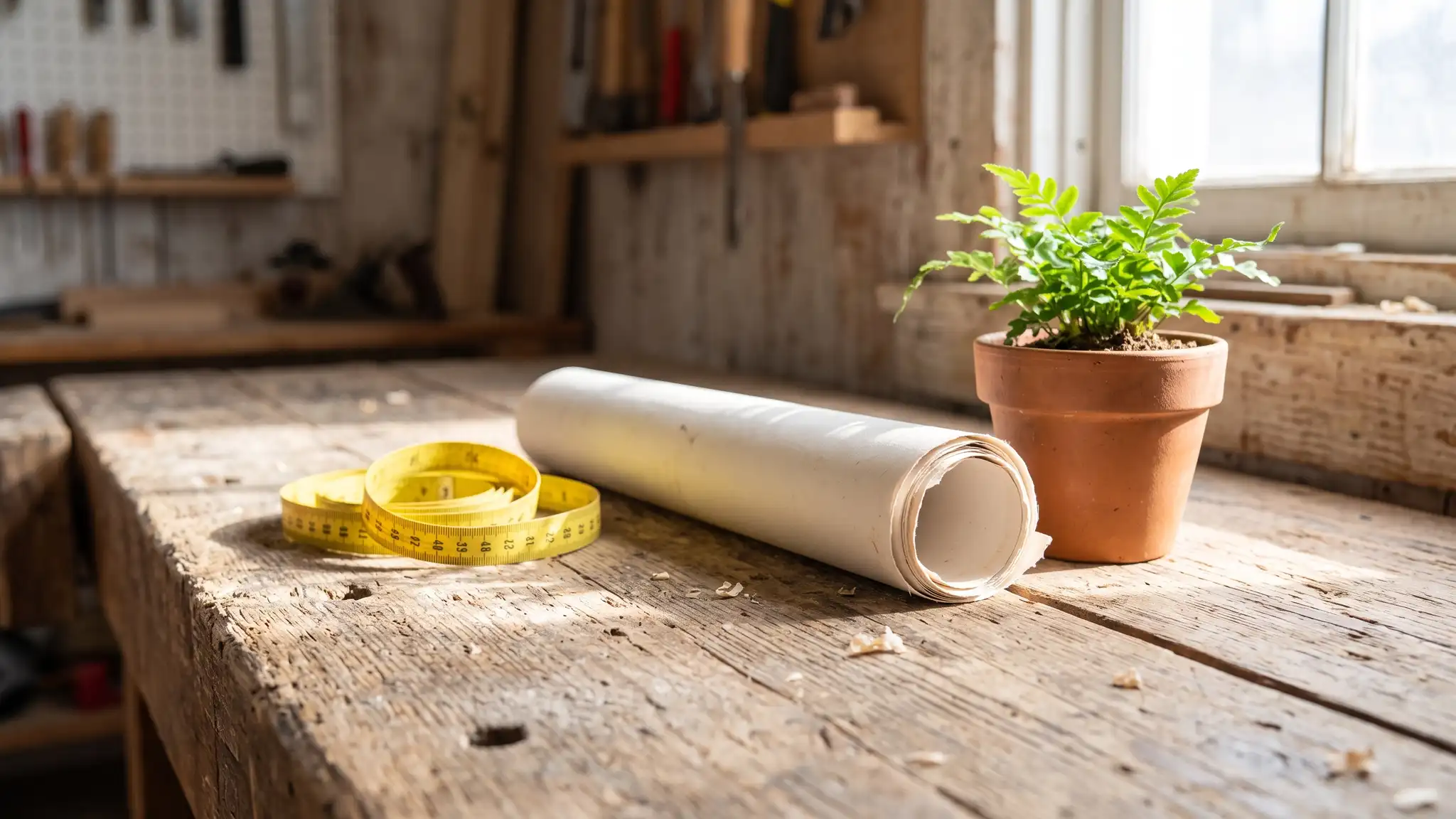 Estimates and Planning | Music City Landscaper Landscape planning tools on a wooden bench: a tape measure, a spade, hand pruners and a rolled garden sketch