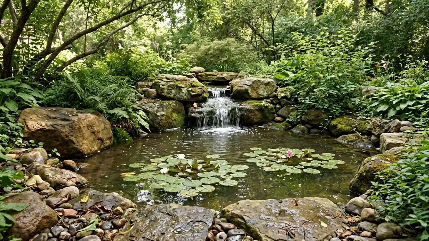 A natural backyard pond with boulders, water lilies and a small waterfall surrounded by ferns A natural backyard pond with boulders, water lilies and a small waterfall surrounded by ferns