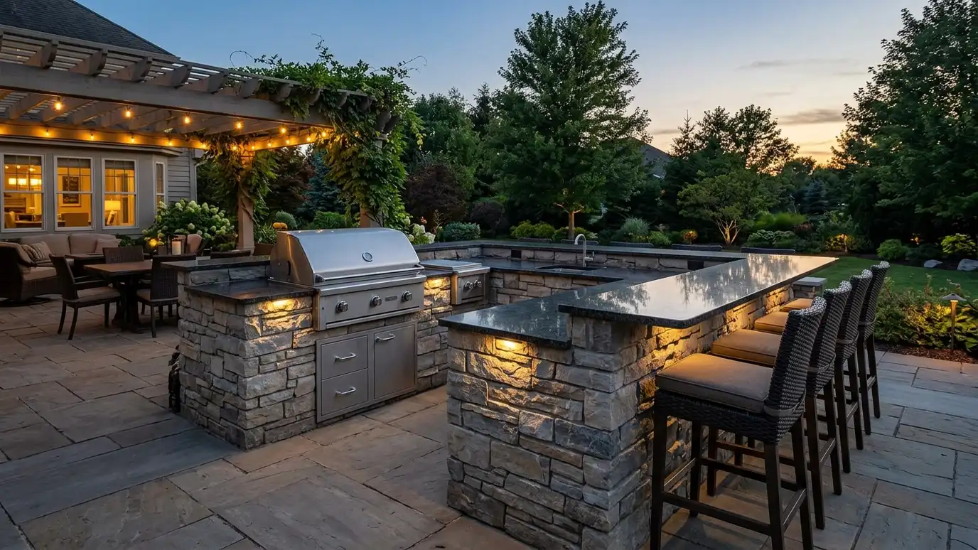 An outdoor kitchen with a stone island, a built-in grill, granite counters and bar stools beside a patio at dusk An outdoor kitchen with a stone island, a built-in grill, granite counters and bar stools beside a patio at dusk